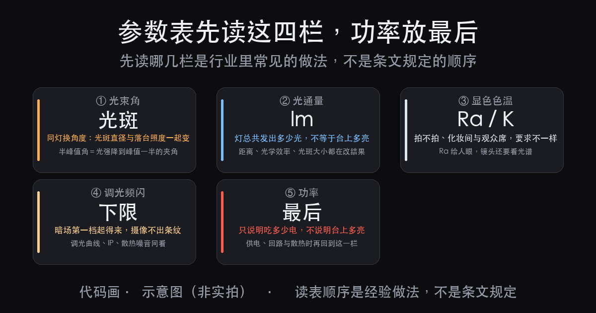 演出灯光参数表怎么看:先读四栏,功率放最后(图1)